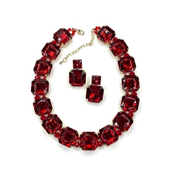 NEW Necklace Earrings Red Rhinestone Jewelry Set 16" 18" 20" Choker Chunky A081 - Picture 3 of 7